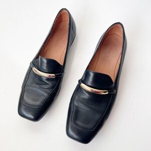 Mara Bini Navy Leather Gold Bar Loafers Square Toe Flats Quiet Luxury Size 39